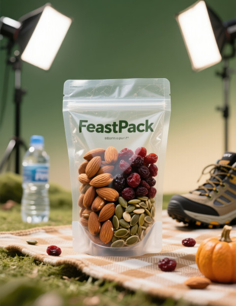 Transparent pouch of almonds raisins cranberries and pumpkin seeds on picnic mat with outdoor feel Transparent pouch of almonds raisins cranberries and pumpkin seeds on picnic mat with outdoor feel