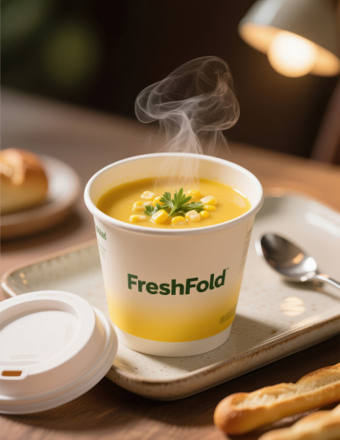 Cup packaging of hot yellow soup with corn and herbs on ceramic tray with spoon and breadsticks behind Cup packaging of hot yellow soup with corn and herbs on ceramic tray with spoon and breadsticks behind