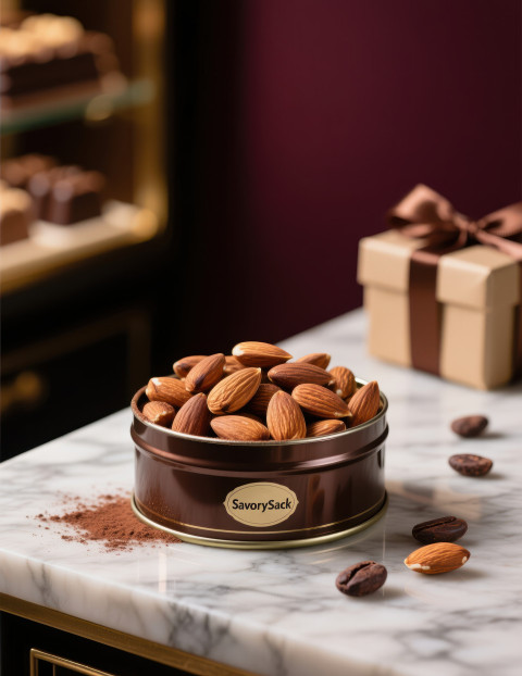Tin box of almonds on marble counter with cocoa beans and ribboned gift box blurred behind Tin box of almonds on marble counter with cocoa beans and ribboned gift box blurred behind