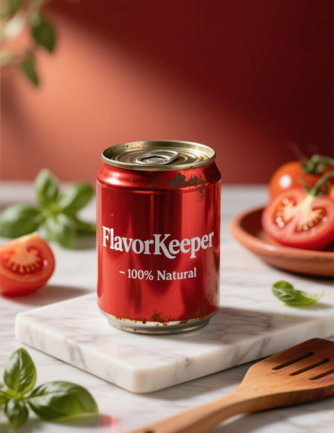 Red metal can on marble slab with tomato slices and basil leaves Red metal can on marble slab with tomato slices and basil leaves