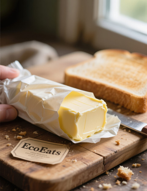 Half unwrapped butter block in wax paper on wooden cutting board with crumbs and toast behind Half unwrapped butter block in wax paper on wooden cutting board with crumbs and toast behind