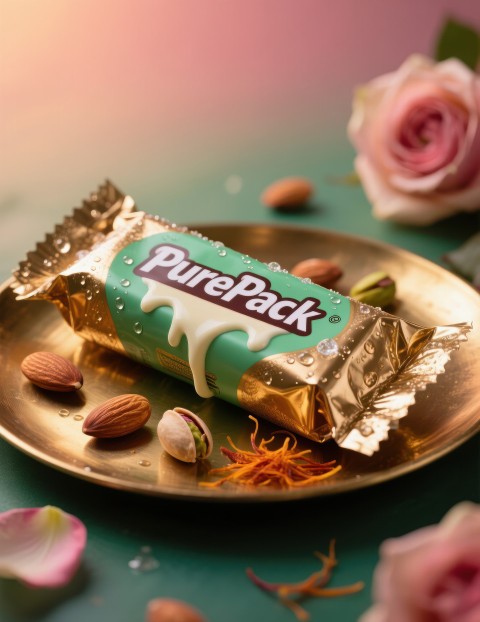Kulfi ice cream bar in rich wrapper on brass plate with dry fruits saffron and rose petals Kulfi ice cream bar in rich wrapper on brass plate with dry fruits saffron and rose petals