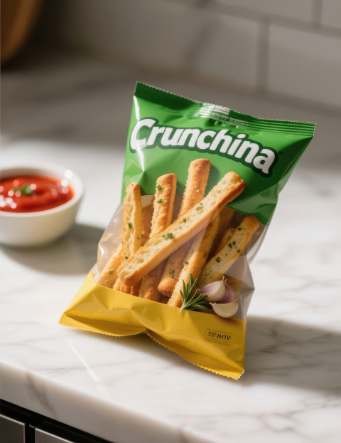 Side pouch of crunchy breadsticks on marble surface with dipping bowl of marinara sauce blurred behind garlic herb flecks visible Side pouch of crunchy breadsticks on marble surface with dipping bowl of marinara sauce blurred behind garlic herb flecks visible