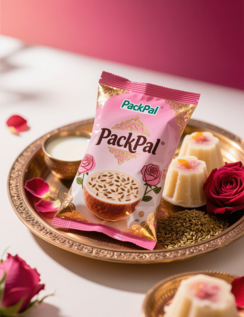 Sachet of falooda mix on thali setup with milk soaked seeds rose petals and kulfi in background shiny foil festive dessert Sachet of falooda mix on thali setup with milk soaked seeds rose petals and kulfi in background shiny foil festive dessert
