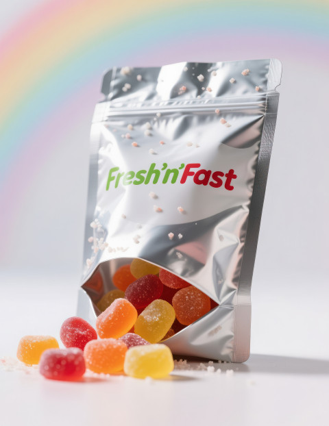 Upright pouch with colorful gummies spilling in front glossy texture with sugar granules on soft plastic rainbow tones Upright pouch with colorful gummies spilling in front glossy texture with sugar granules on soft plastic rainbow tones