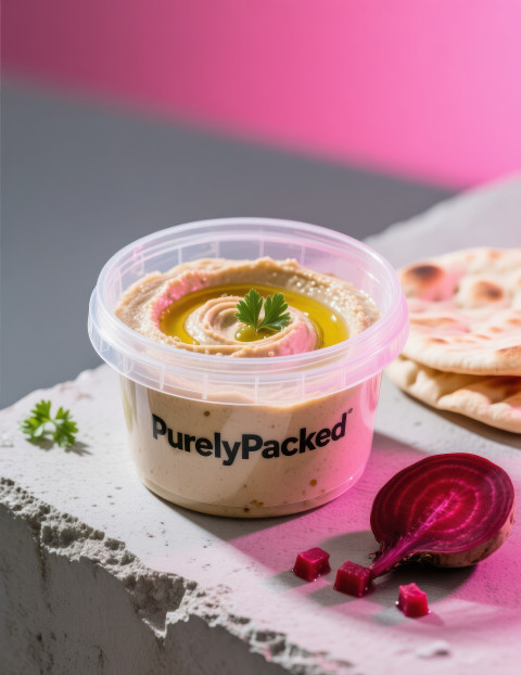 Plastic tub of hummus on concrete surface with pita bread and beetroot nearby creamy swirls with oil and parsley garnish Plastic tub of hummus on concrete surface with pita bread and beetroot nearby creamy swirls with oil and parsley garnish