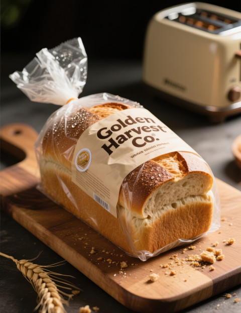 Wrapped whole wheat bread loaf on rustic board with toaster blurred condensation inside wrap and grain texture on crust Wrapped whole wheat bread loaf on rustic board with toaster blurred condensation inside wrap and grain texture on crust