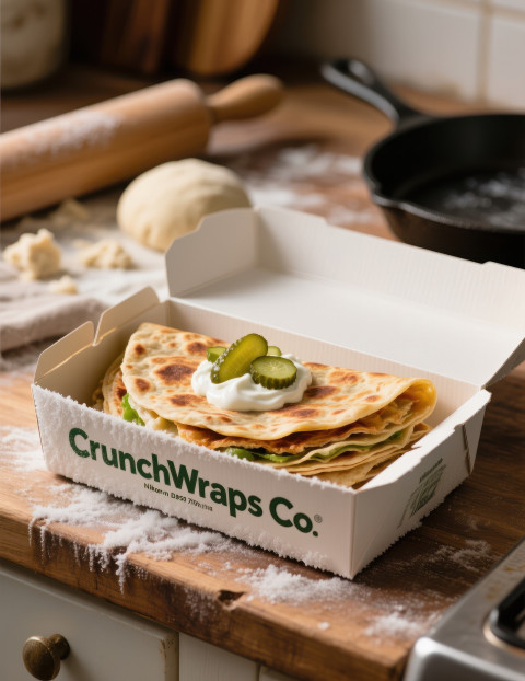 Frozen paratha box on kitchen counter with cooked paratha served with pickle and yogurt dough and pan blurred behind Frozen paratha box on kitchen counter with cooked paratha served with pickle and yogurt dough and pan blurred behind
