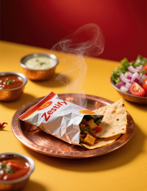 Packet of ready to eat snack on copper thali with chutneys and onion tomato garnish blurred steam rising from papad Packet of ready to eat snack on copper thali with chutneys and onion tomato garnish blurred steam rising from papad