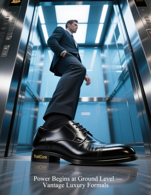 Businessman entering glass elevator wearing sleek black derby shoes with polished leather and brogue detail Businessman entering glass elevator wearing sleek black derby shoes with polished leather and brogue detail
