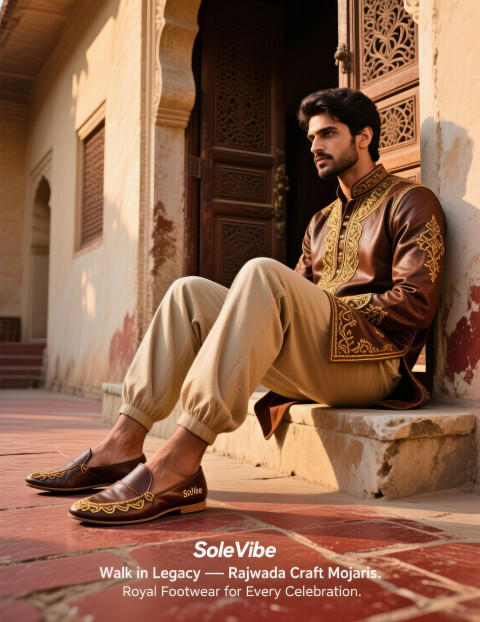 Man seated on sandstone step in jaipur wearing brown embroidered mojaris with churidar Man seated on sandstone step in jaipur wearing brown embroidered mojaris with churidar