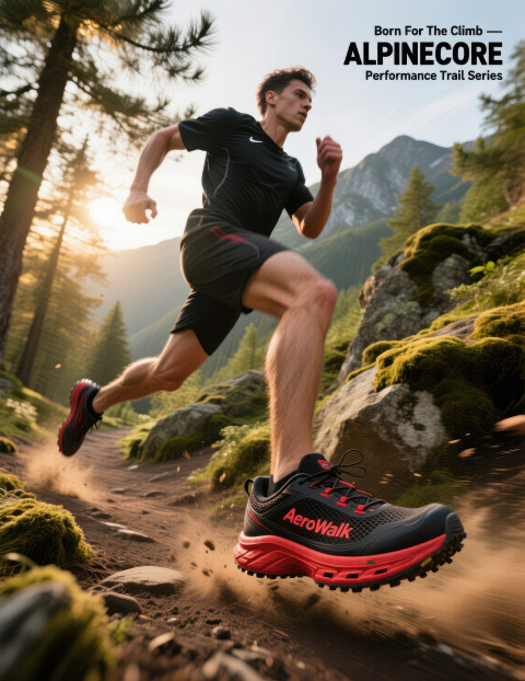 Male runner mid stride on rugged mountain trail in black and red running shoes Male runner mid stride on rugged mountain trail in black and red running shoes
