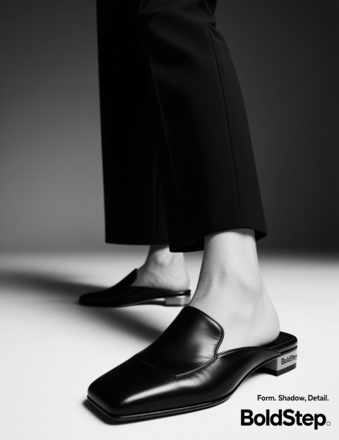 Fashion model standing in a studio wearing black matte slip on mules with square toe Fashion model standing in a studio wearing black matte slip on mules with square toe