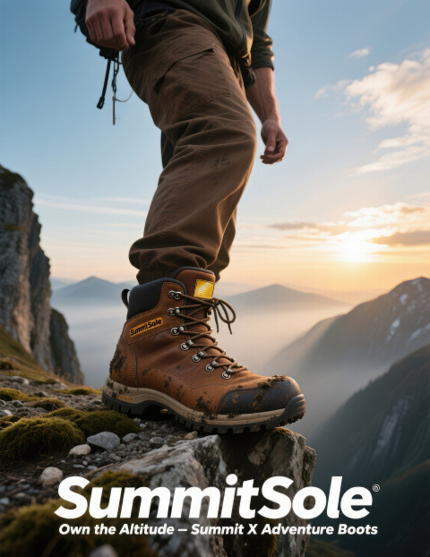 Adventurer at a mountain peak in rugged brown hiking boots Adventurer at a mountain peak in rugged brown hiking boots