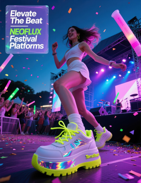 Young woman dancing at a music festival in white platform sneakers with neon details Young woman dancing at a music festival in white platform sneakers with neon details