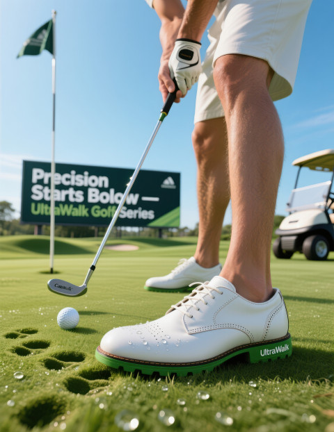 Male model mid putt on golf course wearing white golf shoes with green cleats imprinting grass in sunlight Male model mid putt on golf course wearing white golf shoes with green cleats imprinting grass in sunlight