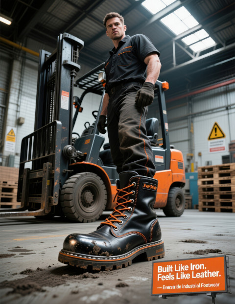 Male worker in warehouse wearing black steel toe boots with orange piping beside forklift under harsh light Male worker in warehouse wearing black steel toe boots with orange piping beside forklift under harsh light