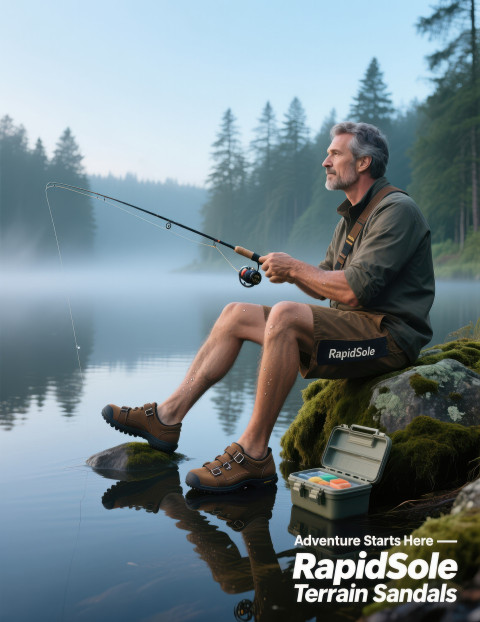Man sitting on rock fishing by misty dawn lake in brown hiking sandals Man sitting on rock fishing by misty dawn lake in brown hiking sandals