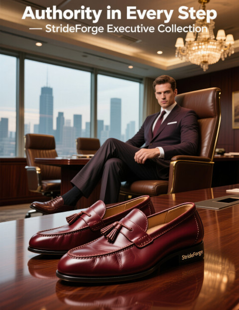 Businessman seated in luxury boardroom wearing polished oxblood loafers with tassels Businessman seated in luxury boardroom wearing polished oxblood loafers with tassels