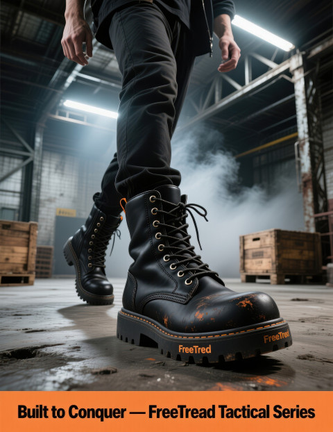 Man in rugged combat boots stepping across gritty warehouse with strong tread and shadows Man in rugged combat boots stepping across gritty warehouse with strong tread and shadows