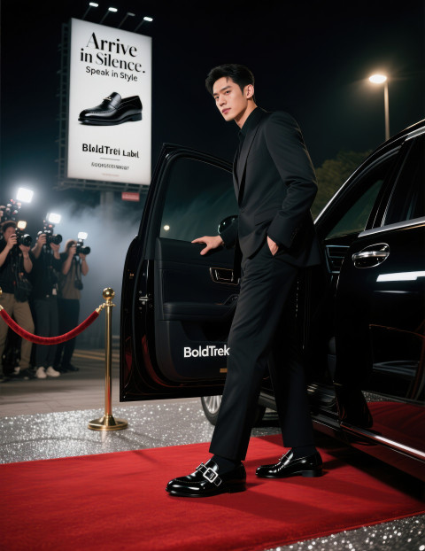 Man stepping from black car onto red carpet in polished monk strap shoes with silver buckles Man stepping from black car onto red carpet in polished monk strap shoes with silver buckles