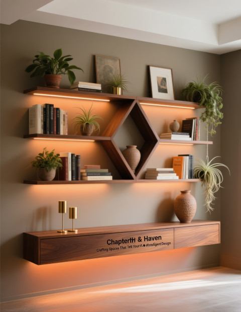 Wooden geometric bookshelf with books Wooden geometric bookshelf with books