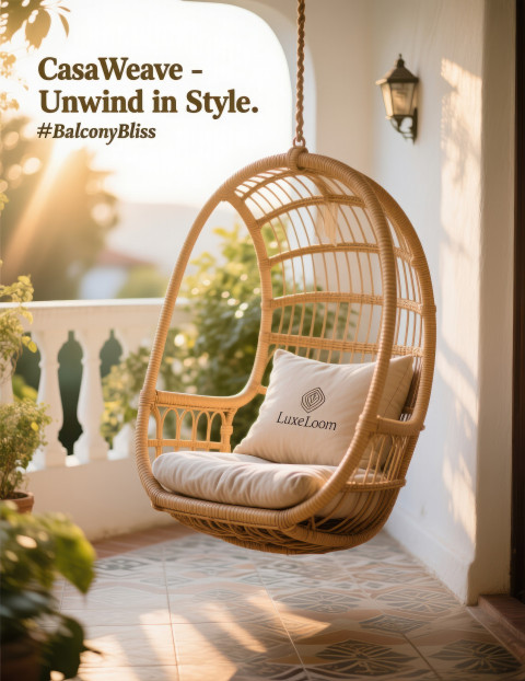 Hanging rattan swing chair with cushions in sunny balcony corner Hanging rattan swing chair with cushions in sunny balcony corner