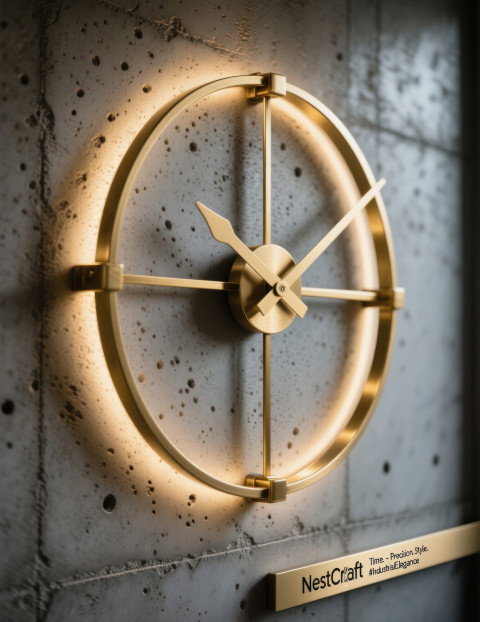 Large gold arm wall clock on textured concrete wall with soft light Large gold arm wall clock on textured concrete wall with soft light