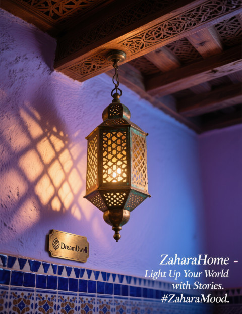 Hanging moroccan lantern glowing warmly at twilight with carved patterns on blue wall Hanging moroccan lantern glowing warmly at twilight with carved patterns on blue wall