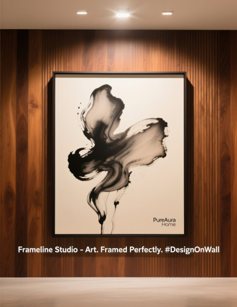 Large abstract wall art frame on wooden slat wall with soft gallery lighting Large abstract wall art frame on wooden slat wall with soft gallery lighting