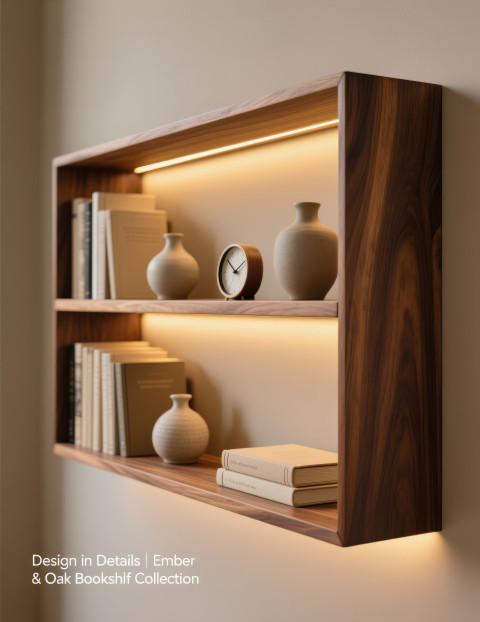 Modern walnut bookshelf with books Modern walnut bookshelf with books