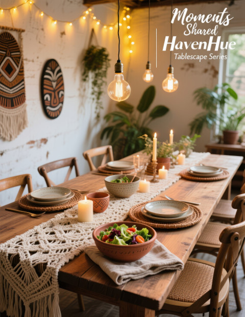 Rustic wooden dining table styled with macrame Rustic wooden dining table styled with macrame
