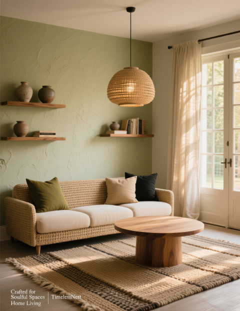 Neutral living room with woven sofa Neutral living room with woven sofa