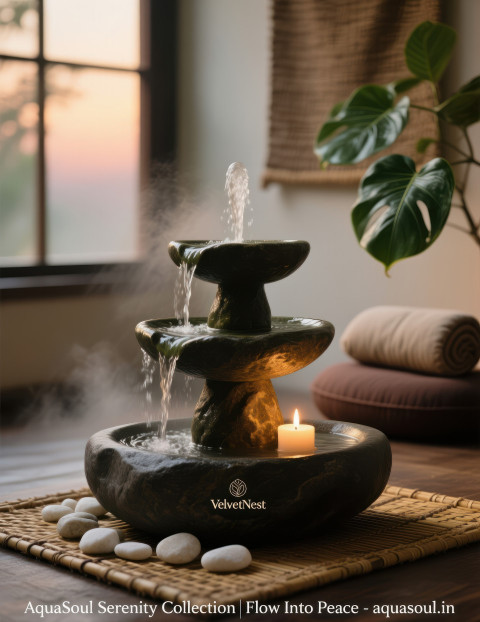 River stone fountain with flowing water on bamboo mat surrounded by candles and plants in meditation corner River stone fountain with flowing water on bamboo mat surrounded by candles and plants in meditation corner