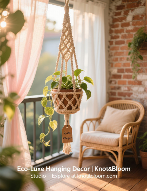 Woven macramé planter with green trailing plant hanging on rustic balcony with brick wall and golden sunlight Woven macramé planter with green trailing plant hanging on rustic balcony with brick wall and golden sunlight