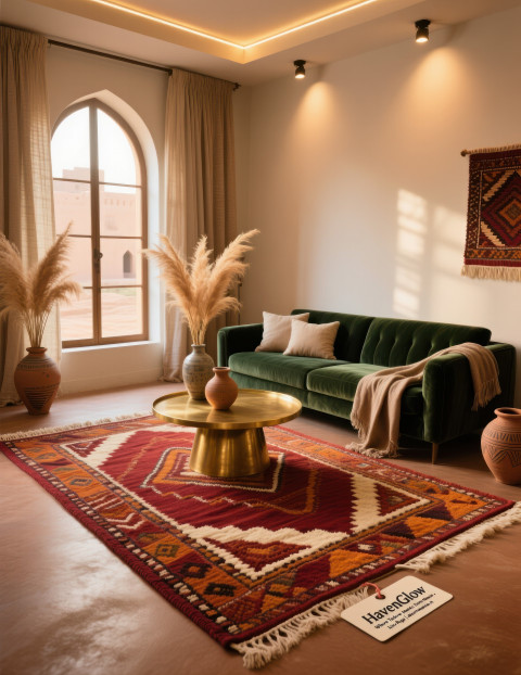 Rich berber rug with terracotta and cream tones in living room with velvet sofa Rich berber rug with terracotta and cream tones in living room with velvet sofa