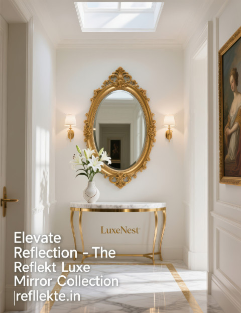 Oval mirror with gold frame above console table with lilies reflecting bright hallway in modern classic style Oval mirror with gold frame above console table with lilies reflecting bright hallway in modern classic style