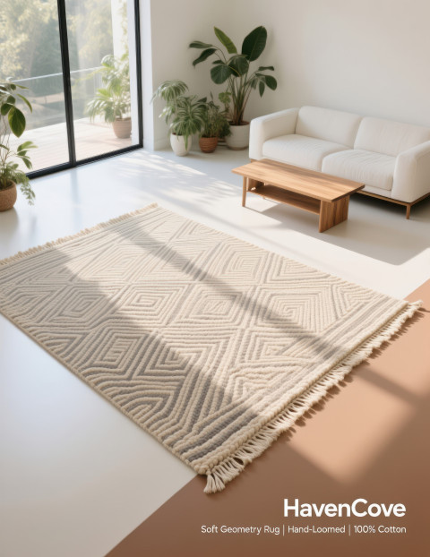 Geometric tapestry in neutral tones hanging on brick wall with easel Geometric tapestry in neutral tones hanging on brick wall with easel
