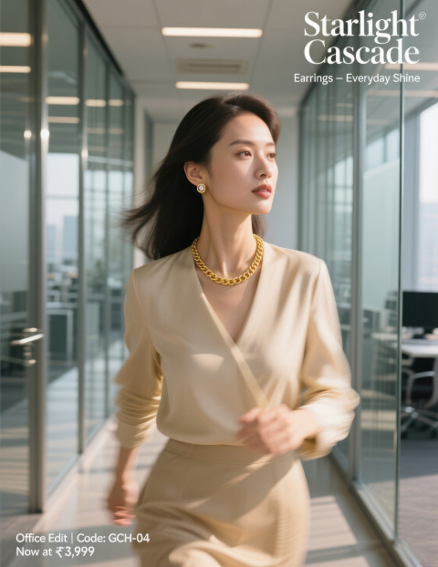 Professional woman walking in office corridor wearing simple gold chain and stud earrings in sunlight Professional woman walking in office corridor wearing simple gold chain and stud earrings in sunlight
