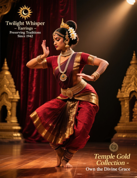 Classical bharatanatyam dancer mid pose adorned with antique gold jewelry under stage lights with temple vibe Classical bharatanatyam dancer mid pose adorned with antique gold jewelry under stage lights with temple vibe