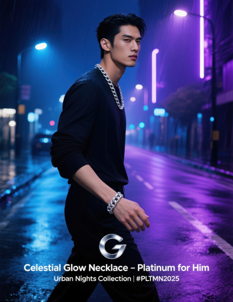Stylish man wearing platinum chain and bracelet walking under neon city lights at night with modern urban mood Stylish man wearing platinum chain and bracelet walking under neon city lights at night with modern urban mood