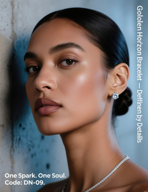Close up of model face with solitaire diamond nose pin sparkling under soft light against gray blue wall Close up of model face with solitaire diamond nose pin sparkling under soft light against gray blue wall