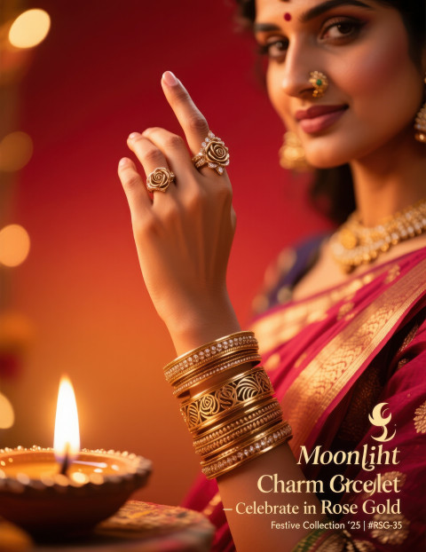 Woman in saree raising hand with rose gold bangles and rings glowing under festive diya lights Woman in saree raising hand with rose gold bangles and rings glowing under festive diya lights