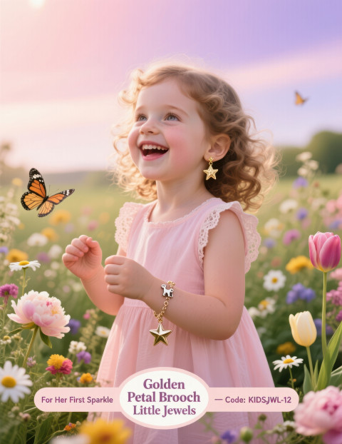 Little girl in pastel dress with gold earrings and charm bracelet playing in garden with flowers and butterflies Little girl in pastel dress with gold earrings and charm bracelet playing in garden with flowers and butterflies