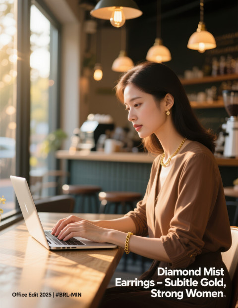 Woman typing on laptop at sunny café window wearing simple gold bracelet in soft light Woman typing on laptop at sunny café window wearing simple gold bracelet in soft light