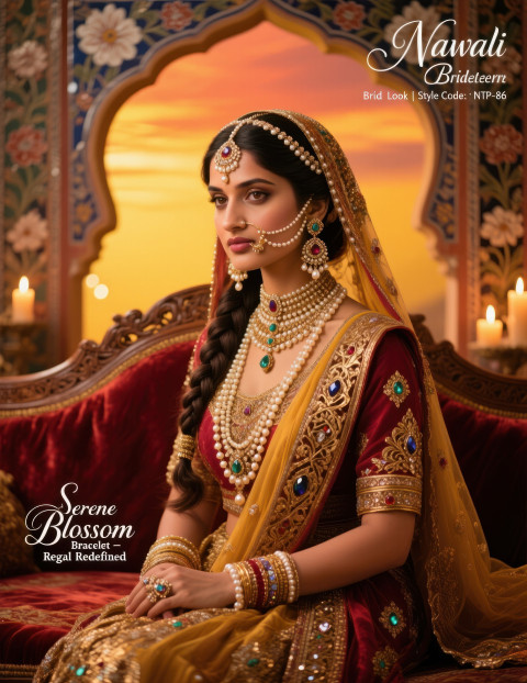 Bride with large nath and pearl passa seated on mughal divan with arches and candle glow Bride with large nath and pearl passa seated on mughal divan with arches and candle glow