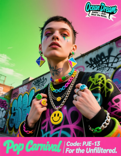 Young model in colorful enamel earrings Young model in colorful enamel earrings