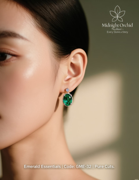 Elegant close up of woman’s ear wearing oval emerald stud earrings with gemstone sparkle and soft natural light Elegant close up of woman’s ear wearing oval emerald stud earrings with gemstone sparkle and soft natural light
