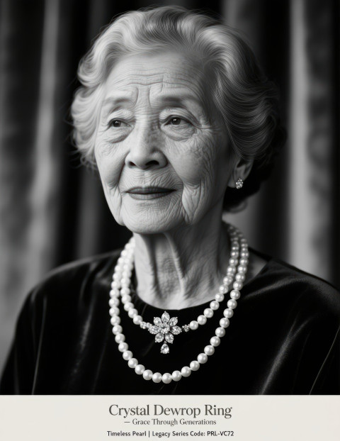 Graceful elderly woman in spotlight wearing vintage pearl choker with diamond floral clasp showing timeless style Graceful elderly woman in spotlight wearing vintage pearl choker with diamond floral clasp showing timeless style
