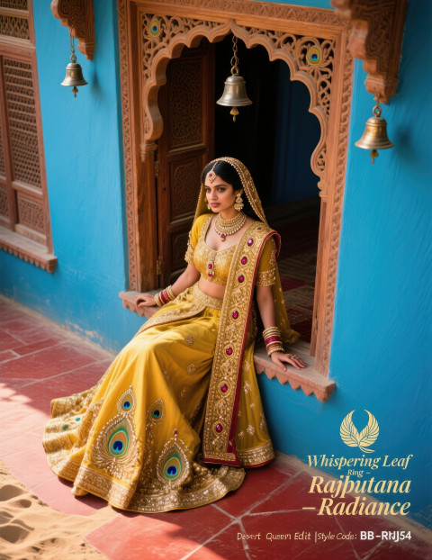 Bride in haveli courtyard leaning on jharokha frame showing gold bajuband with peacock motifs under sunlight Bride in haveli courtyard leaning on jharokha frame showing gold bajuband with peacock motifs under sunlight